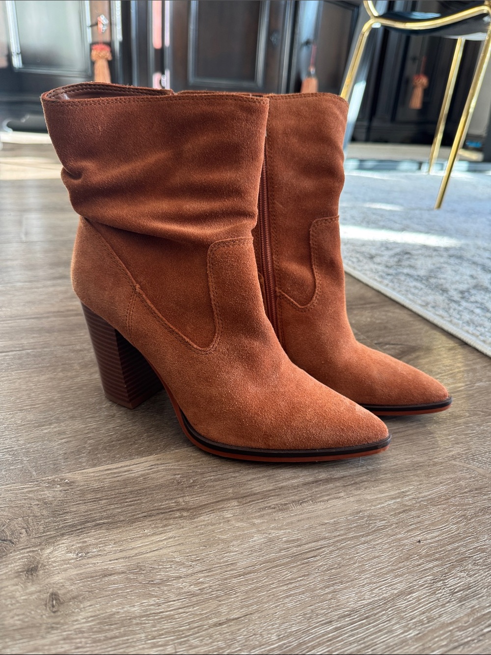 Vince Camuto Rust Suede Pointed Toe Block Heel Ankle Boots